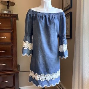 Denim Chambray and lace off the shoulder dress.  Size Medium
